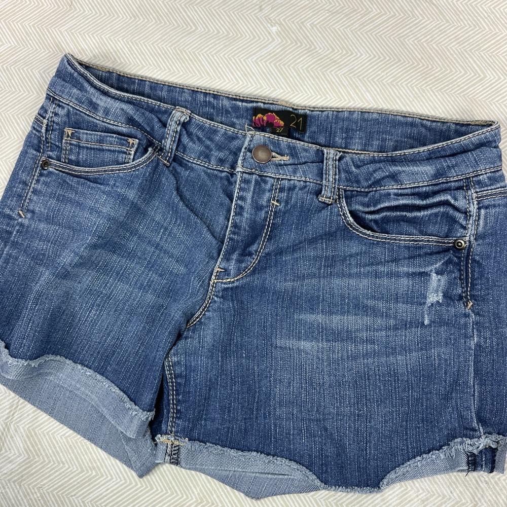 Rue 21 Womens 27 Jean Shorts Blue Distressed Cut Off Low Rise Roll Hem Y2K